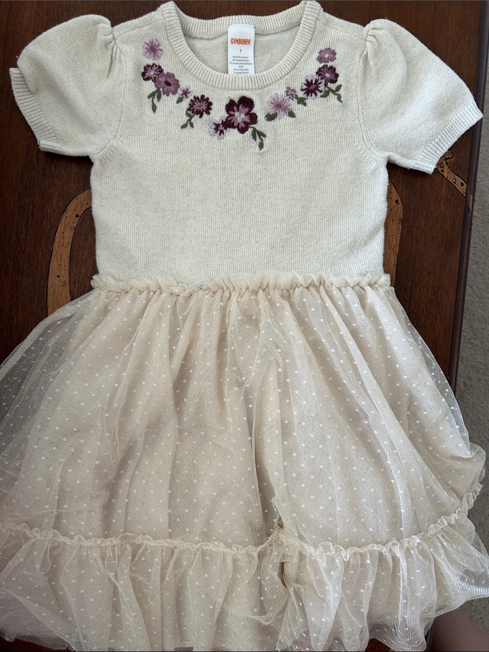 Gymboree girls cream tulle dress with knit bodice and purple floral embroidery